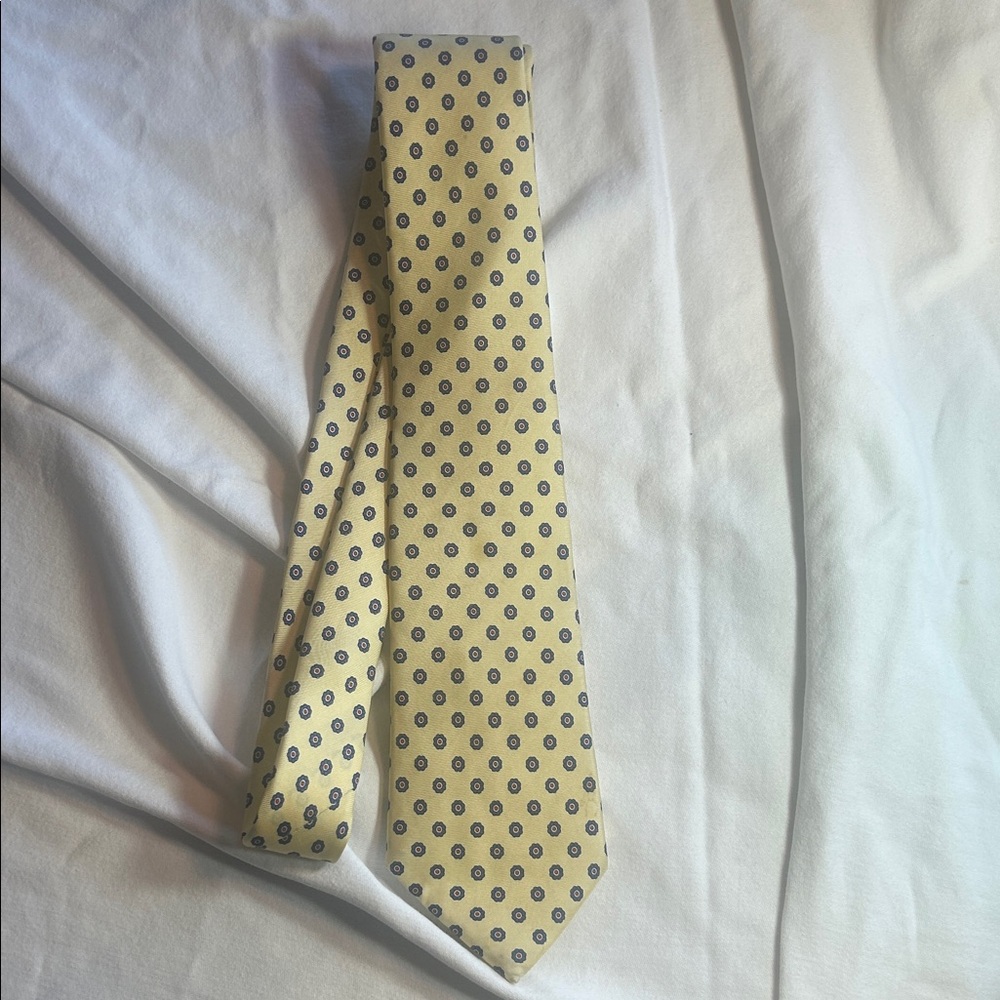 Lands' End Yellow Tie with Blue Dots 100% Silk